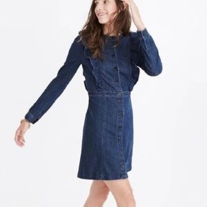Madewell Denim Ruffle-Front Long Sleeve Dress Button Front Stretch
